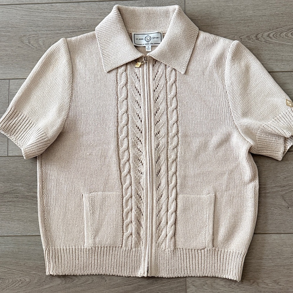 St. John Cream Short-Sleeve Zip Front Cable Knit Sweater
